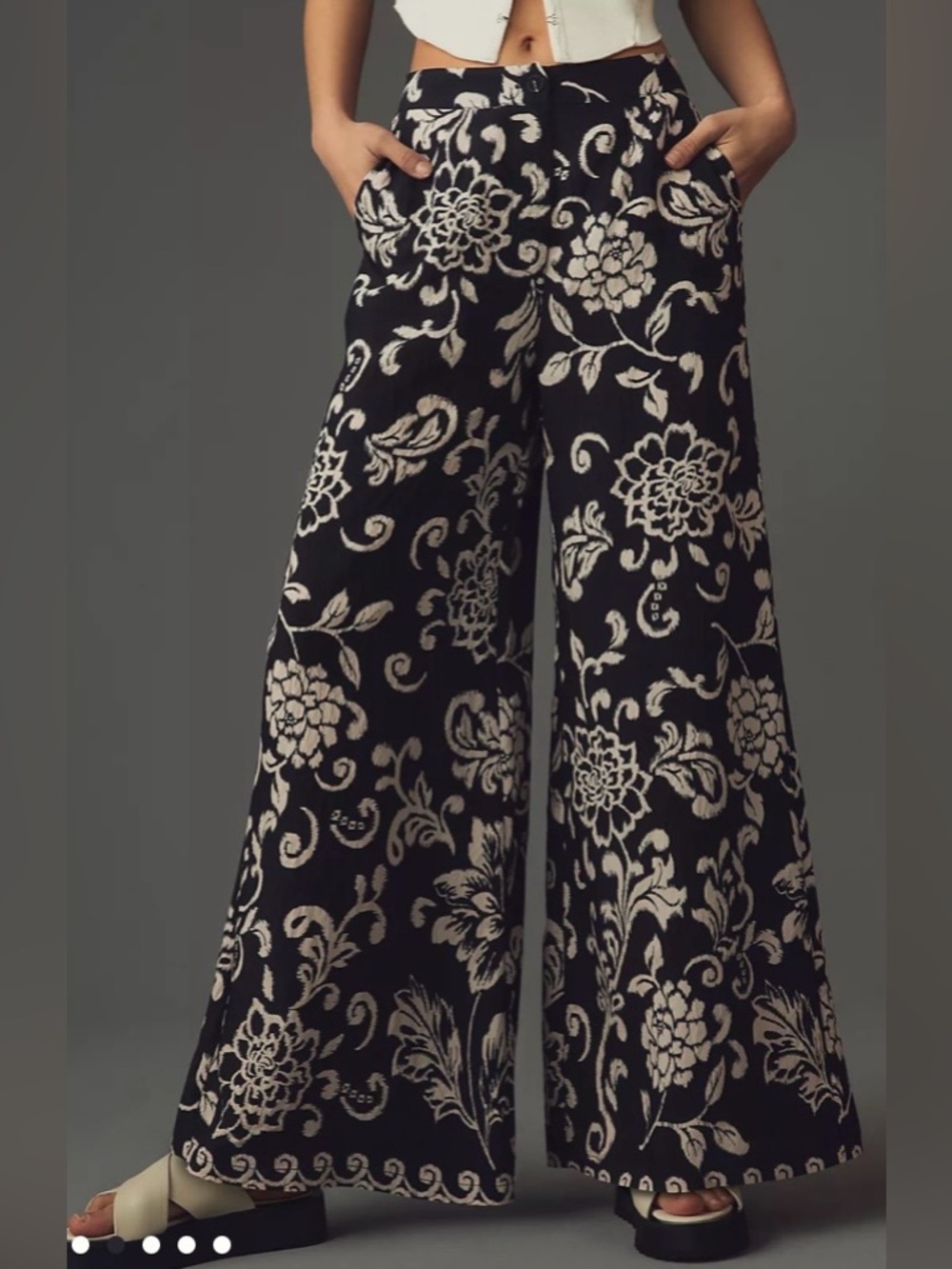ANTHROPOLOGIE En Saison Womens S Wide Leg Floral Carman Pants in Black & Cream